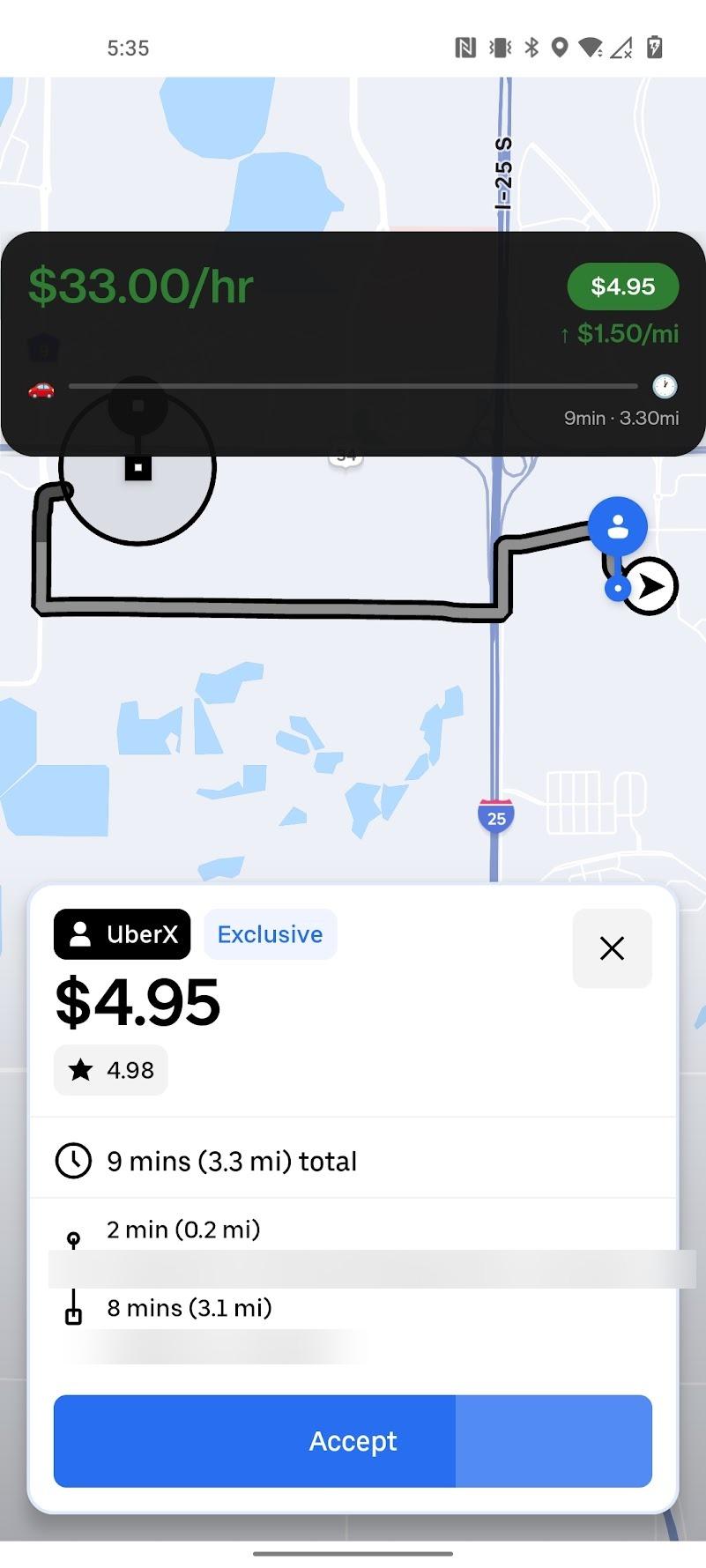 Rate Dial showing $33.00/hr and $1.50/mi over a real Uber Driver trip request