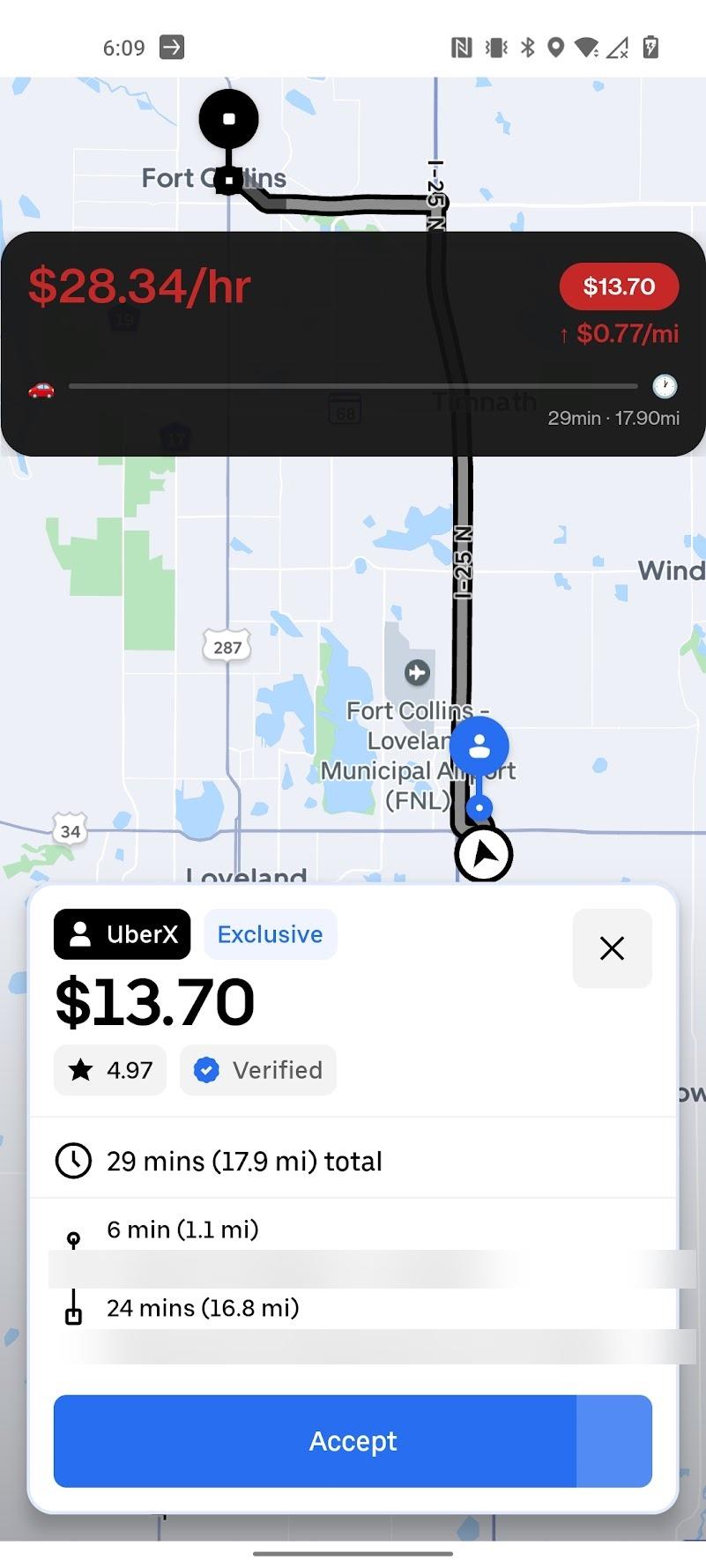 Rate Dial's rate card over a live Uber Driver trip request, showing a poor rate in red