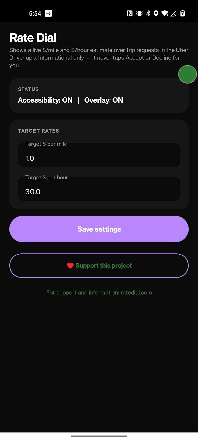 Rate Dial's settings screen with status, target rates, and support links